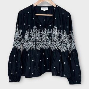 Jennifer & Grace Embroidered Tassel Tie Blouse Black White Boho Peasant‎ Top M